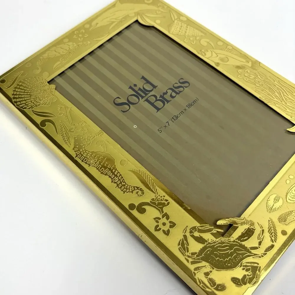 Vintage Solid Brass Photo Frame 5” X 7” Sea Creatures Nautical Beach Etching